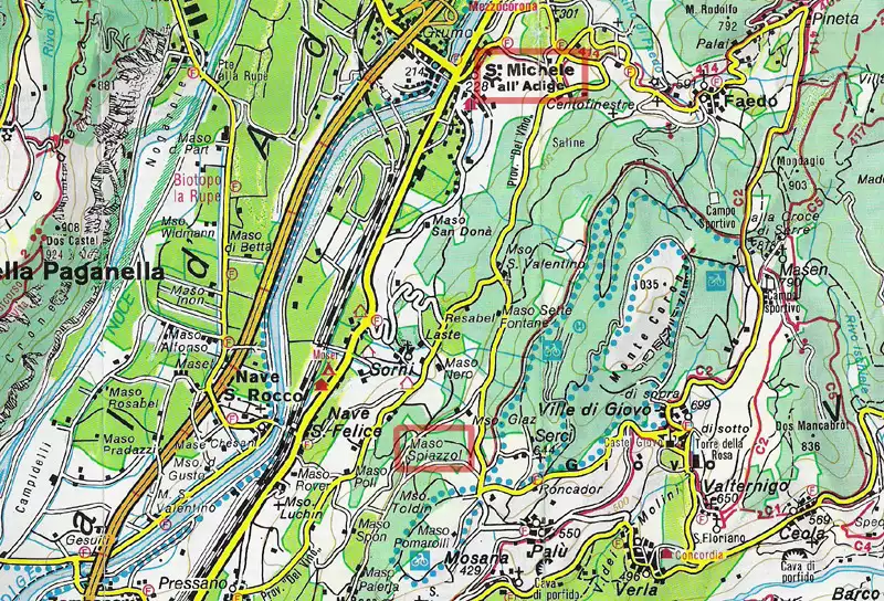 Map of Brenner Line indicating target of San Michele (northern red rectangle) and 8U crashsite (southern red rectangle).
