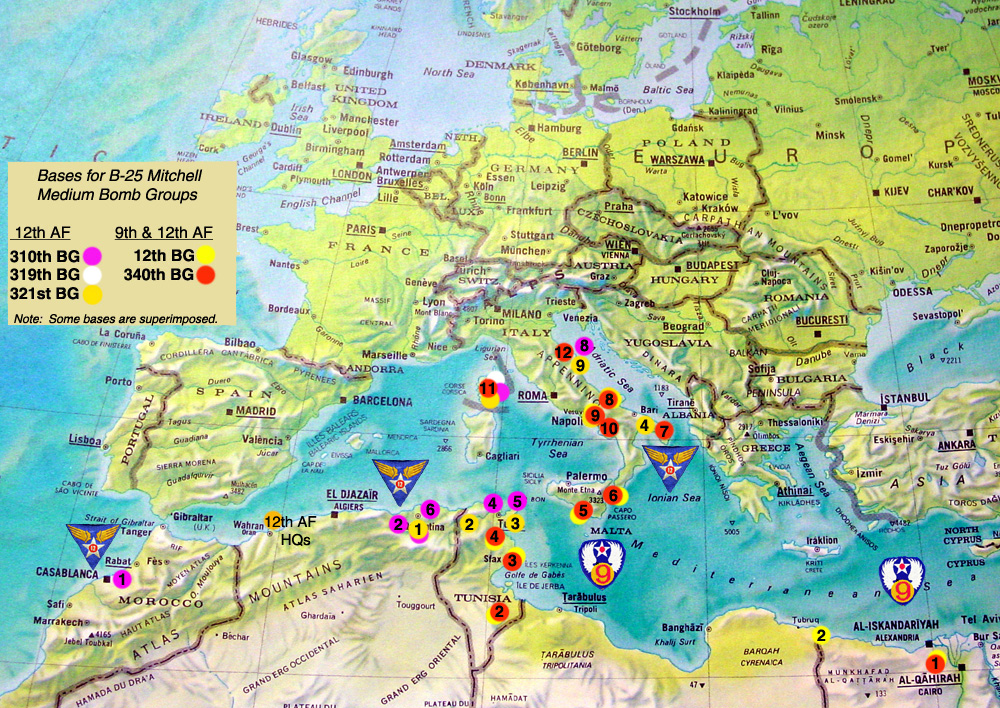 Map of the Mediterranean showing bases for the B-25 Mitchell Bomb Groups of the USAAF 9th and 12th Air Forces.