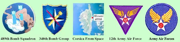 1. 489th BS Insignia from B-25 at MAAM,
2. 340th BG Insignia from Q. Kaiser's A2 flight jacket (1944), 3. NASA space shuttle photo of Corsica, 4. 12th Air Force patch, 5. U.S. Army Air Corps Patch .