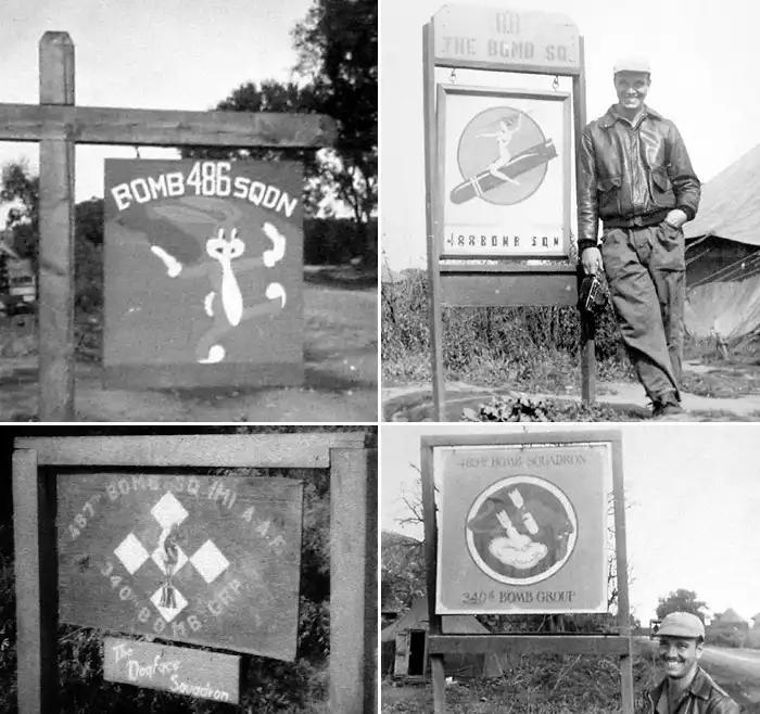 The signs for each of the four squadrons of the 340th Bombardment Group (486th, 487th, 488th &
489th).