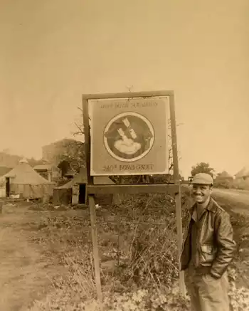 Quentin Kaiser next to sign for the 489th BS/340th BG at Alesani,
Corsica.