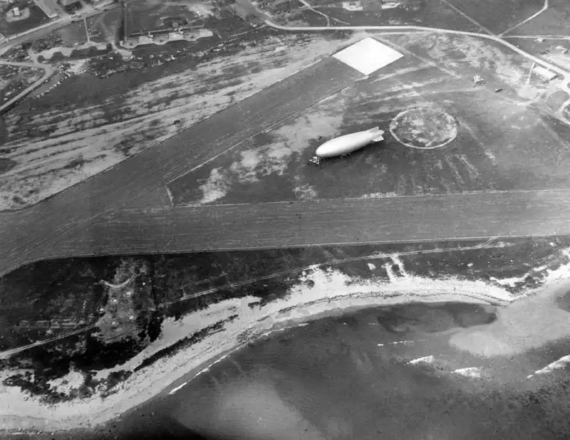 Aerial oblique view of the blimp area of Elizabeth Field on Fisher's Island, NY.
