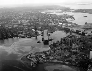 USS Bunker Hill launching Fore River Shot by ZP-11 blimp December 11, 1942