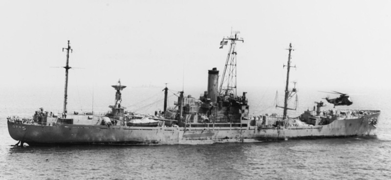 USS Liberty after the attack with U.S. helicopter