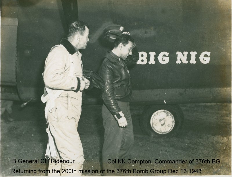 Brig General CH Ridenour and Colonel KK Compton, Commander of 376th Bomber Group returning from the 200th mission on Dec 13, 1943