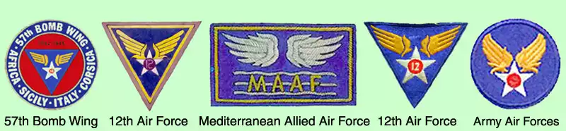 1. 57th Bomb Wing emblem from 'Men of the 57th.' 2. 12th 
AF patch from Russell Callahan (489th BS). 3. MAAF patch from WWII. 4. 12th AF patch from Quen Kaiser (489th 
BS). 5. U.S. Army Air Force patch.