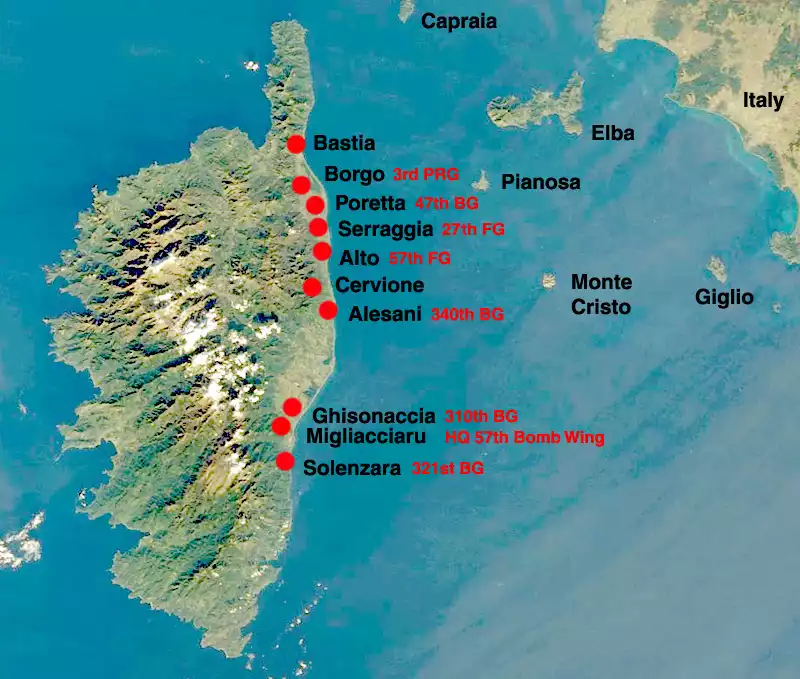 Corsica Map with Airfields for Groups of the 57th Bomb Wing