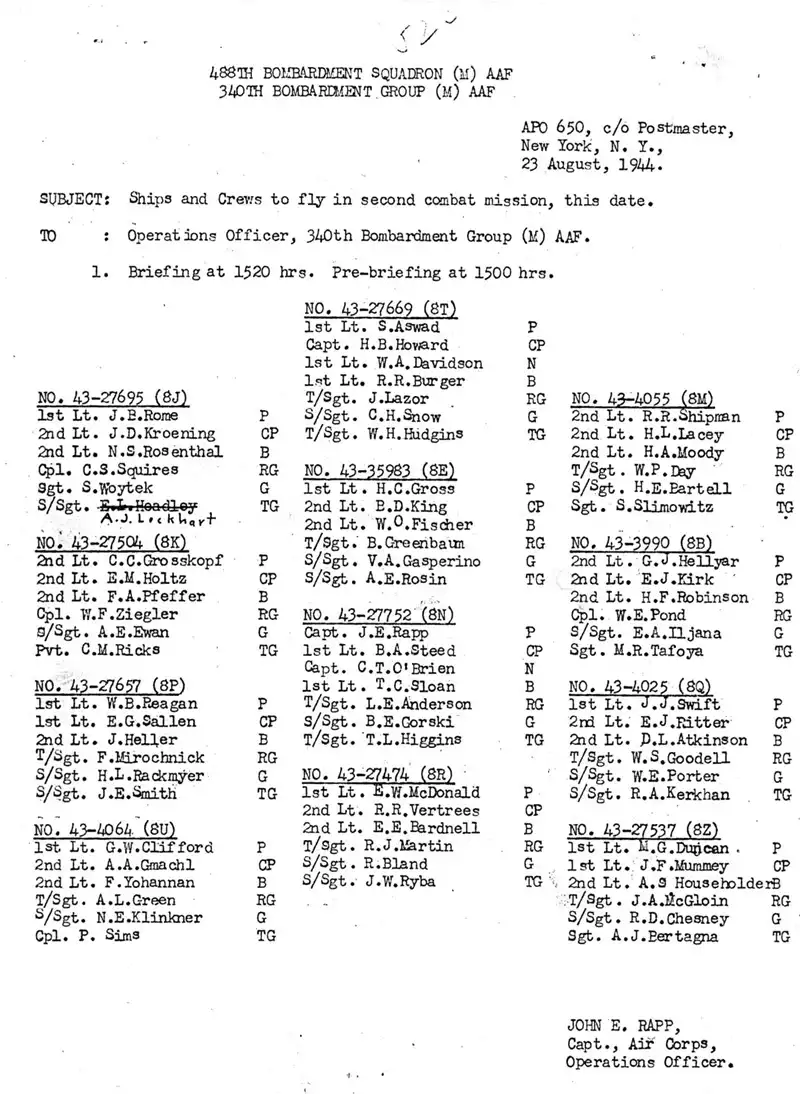 488th BS flight schedule for Ausust 23, 1944.