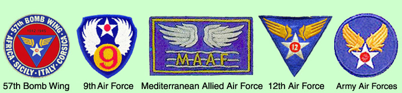 1. 57th Bomb Wing emblem from 'Men of the 57th.'
2. 9th AF patch.
3. MAAF patch from WWII.
4. 12th AF patch from Quen Kaiser (489th BS).
5. U.S. Army Air Forces patch.