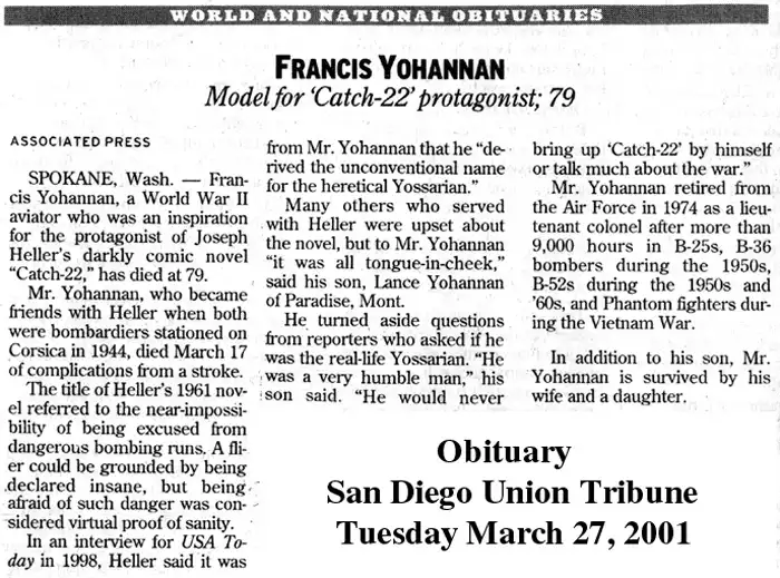 'Catch-22' Yossarian namesake, Yohannan obituary.