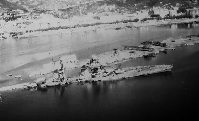 The bombed and submerged Italian Cruiser Taranto.
