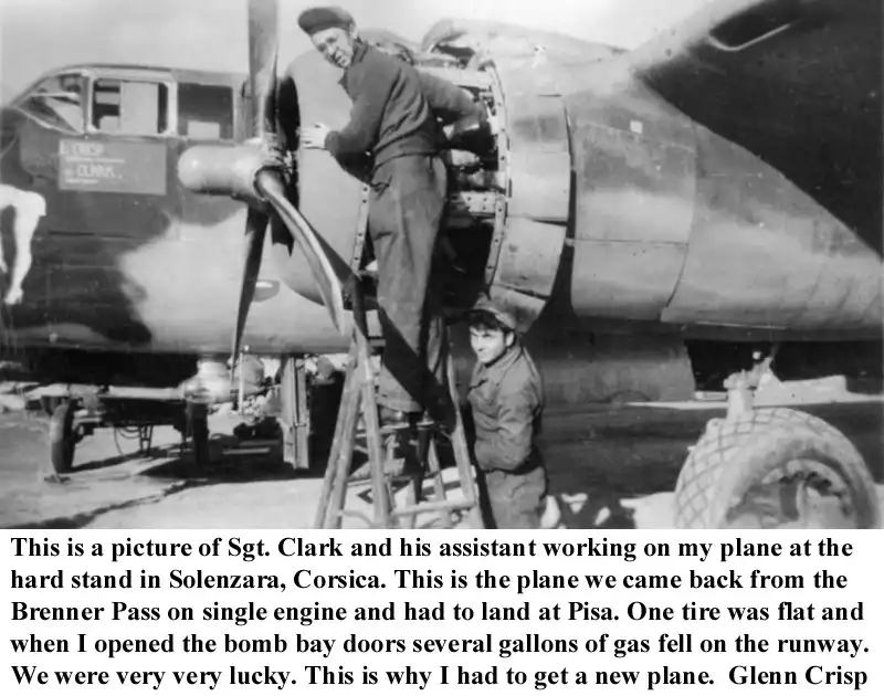 Crew Chief Sgt. Clark working on Lt. Crisp's plane at Solenzara, Corsica.