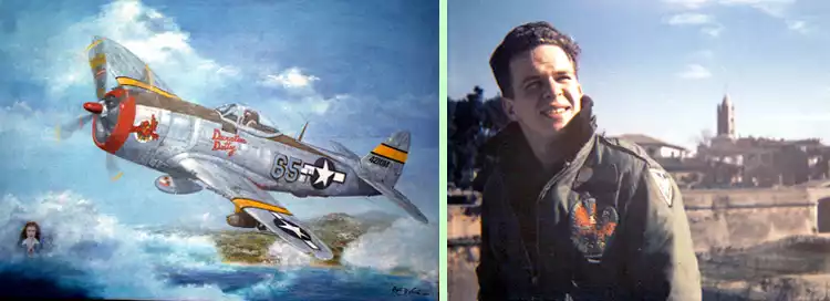 Painting of Dwight's P-47 'Duration Dotty' and 
photo of 1st Lt. Dwight Orman in 1944.