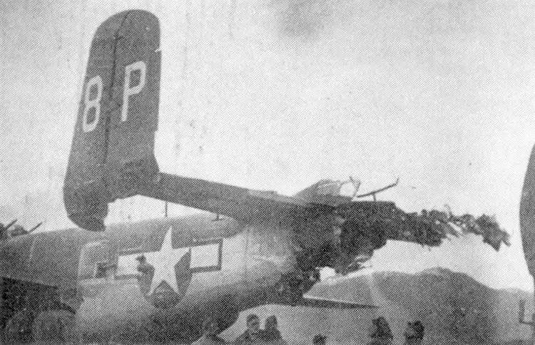 B25 8P with tail damage from mid-air collision with B-25 8U.