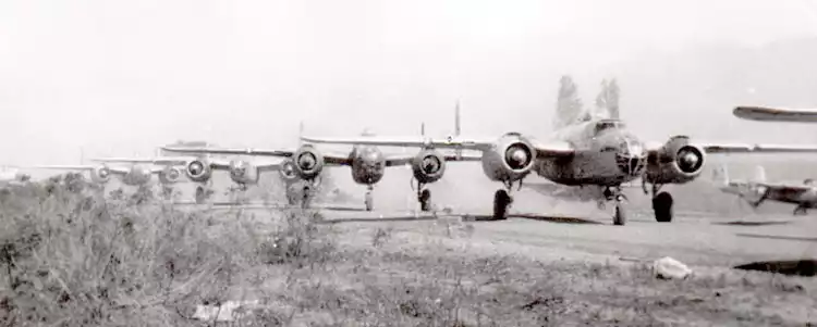 B-25Js taxiing at Alesan Air Field, Corsica.