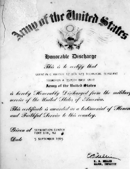 My Dad's honorable discharge certificate from the army (page 1).