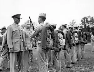 Col Allen Shapely and Capt Wolczak inspect Marines at SoWey September 12, 1945