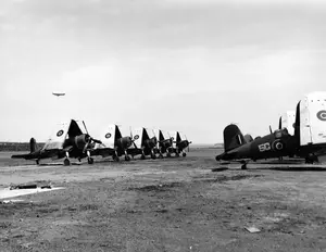 FAA Corsairs At Bar Harbor with ZP-11 K-12 in background April 14, 1944