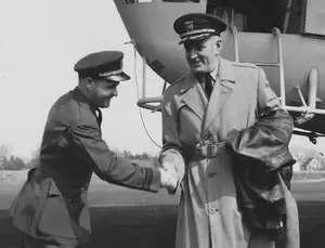 LCDR Pear greeting CAPT Tyler on inspection visit March 17, 1945