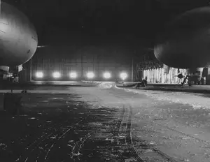 Snow drifting inside Hangar 2 January 18, 1945