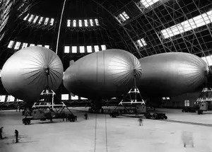 Three blimps docked in Hangar 1 December 6, 1942