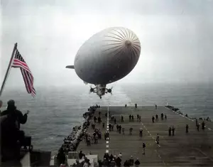 Blimp delivers equipment to the USS Hornet for the Doolittle Raid