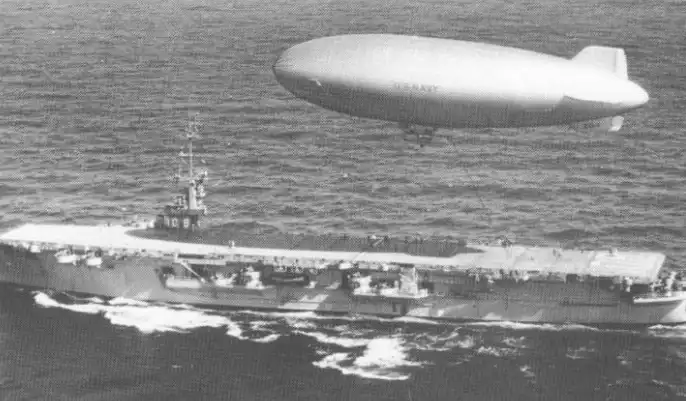 An airship operates with USS Kula Gulf