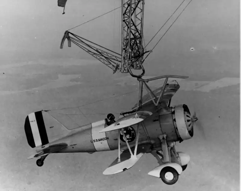Curtiss F9C-2 Sparrowhawk hangs from USS Macon (ZRS-5)